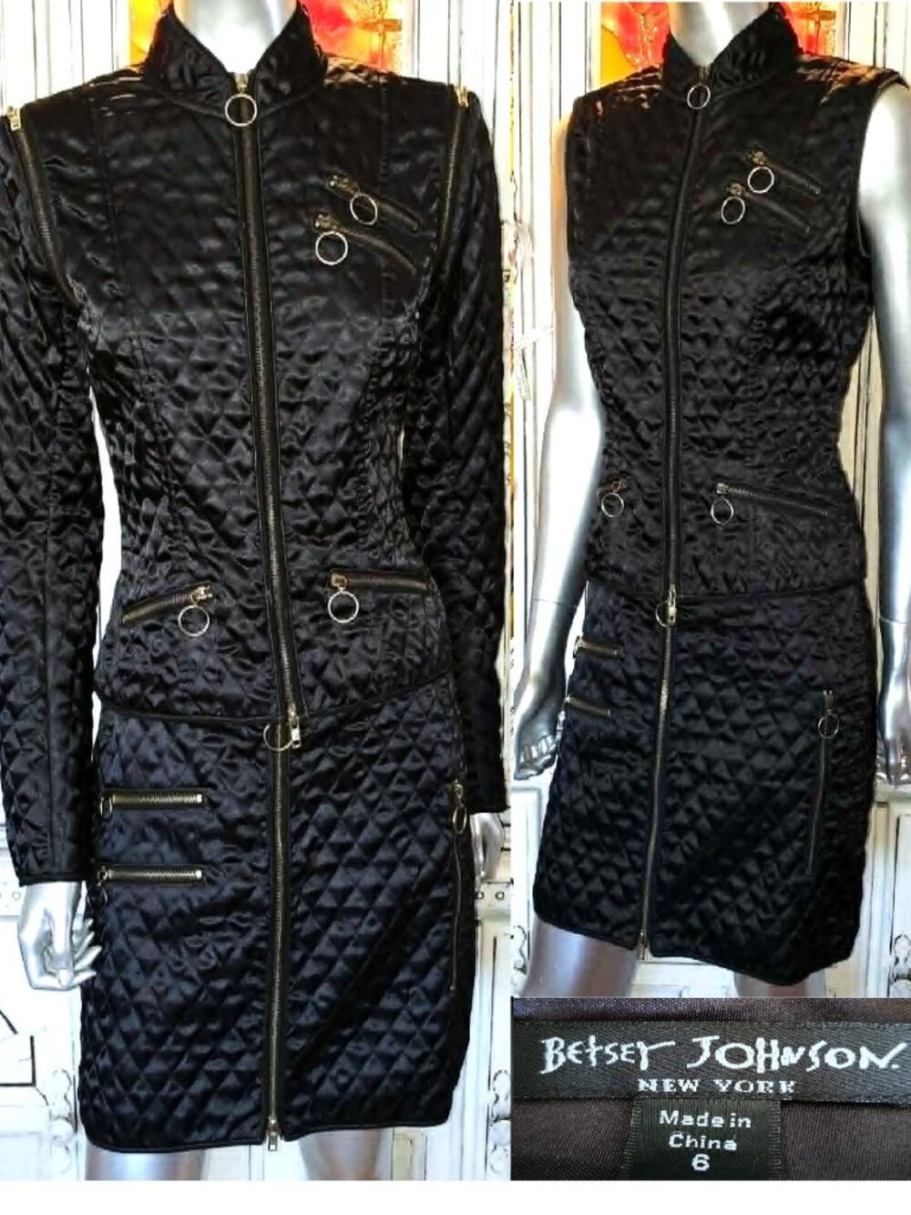 Vintage Betsey Johnson New York 90s Black Quilted Moto Jacket Vest Coat & Skirt